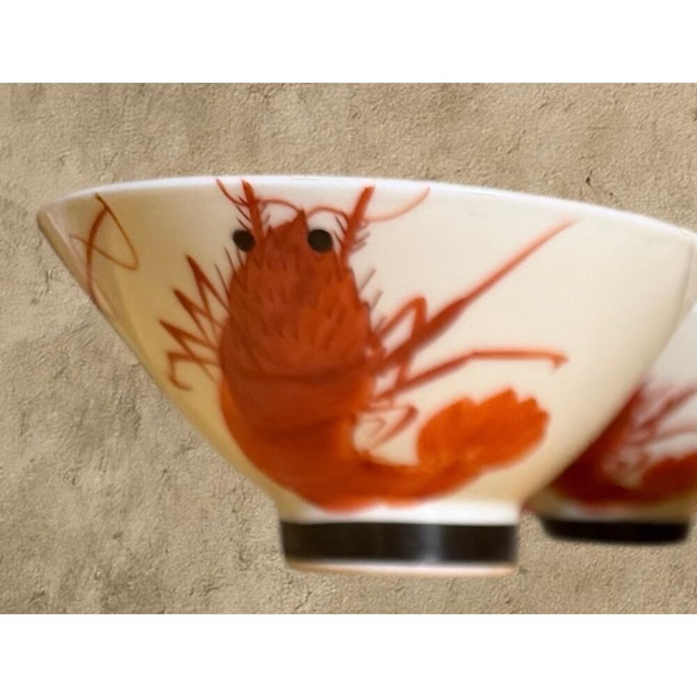 Vintage Japanese Shrimp Rice Bowls Set of 4 Short Footed Porcelain Gold Rim